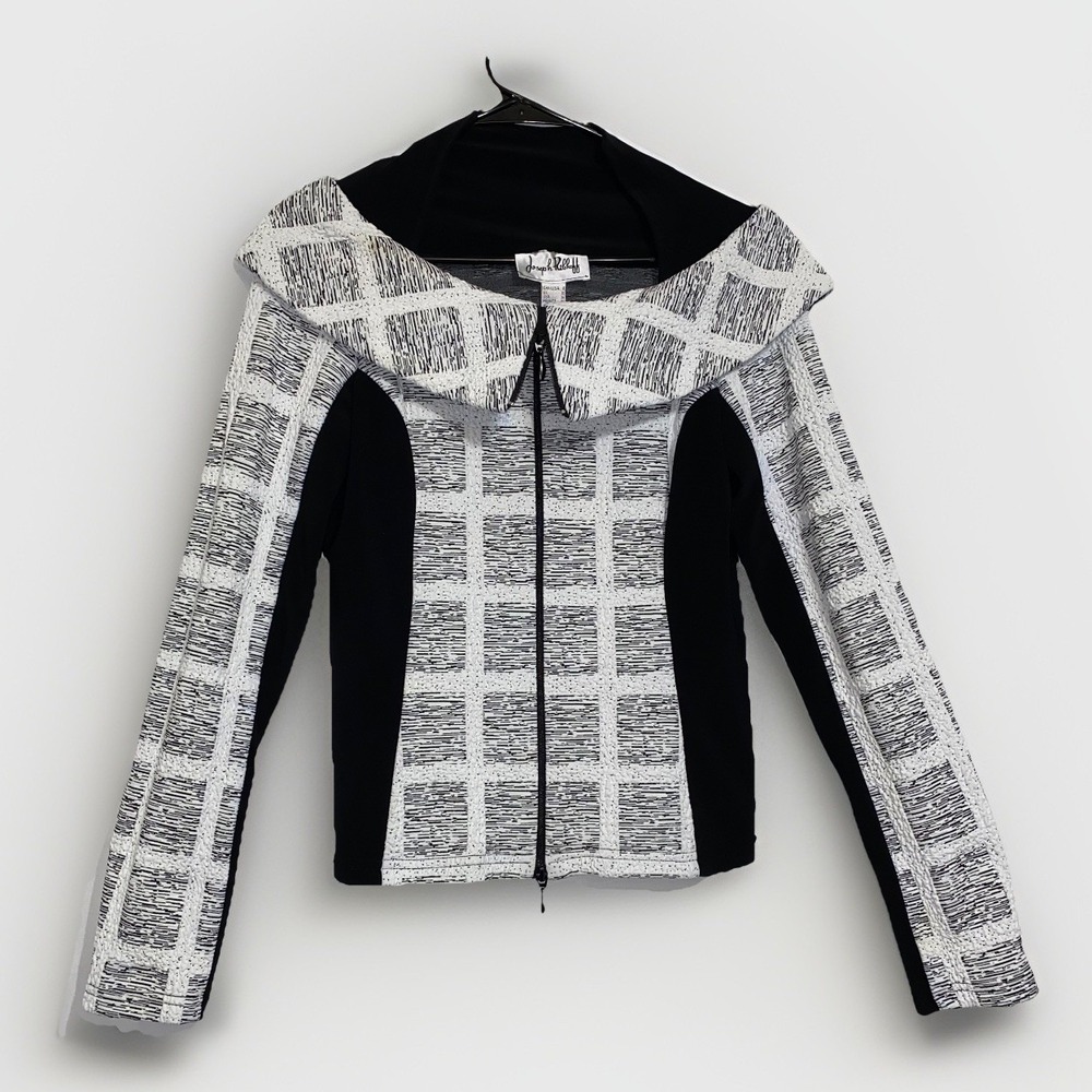Joseph Ribkoff Women's Black & White Blouse Size 8 Long Sleeve Front Zipper